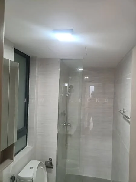 Bathroom features: walk-in shower with glass enclosure, chrome handheld shower, chrome wall-mounted faucet, white ceramic toilet, white vanity with mirror, grey tile flooring, white tiled walls, recessed LED downlights, window for natural light; style: modern.