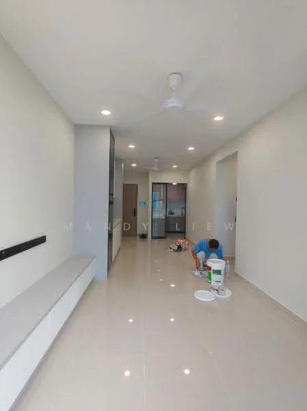 Room features: white painted walls, glossy ceramic tile flooring, ceiling fan, recessed downlights, built-in bench seating, open layout, neutral color scheme, doorway leading to another room; style: modern.