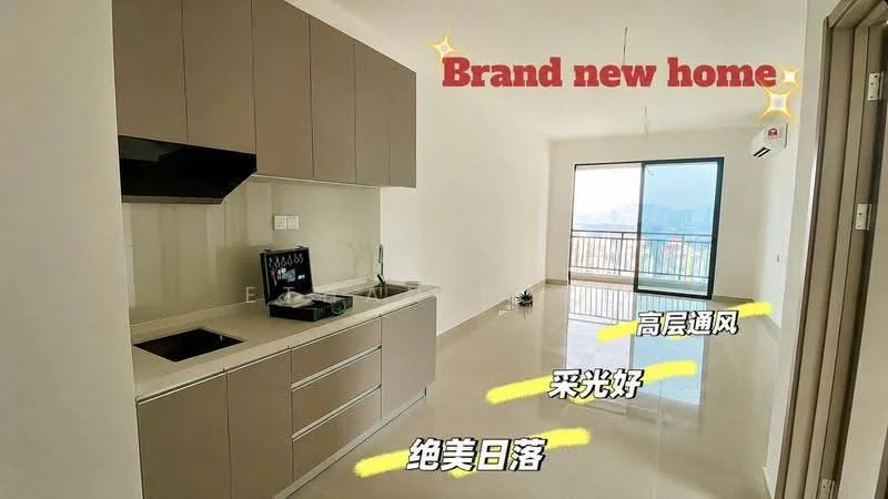 Kitchen features: modern cabinetry in light grey, black countertop, stainless-steel sink, built-in stove, built-in oven, refrigerator, wall-mounted split AC, large window with city view, glossy tile flooring, white painted walls, recessed downlights; style: modern; view: city. Room features: glossy tile flooring, white painted walls, large window with city view.