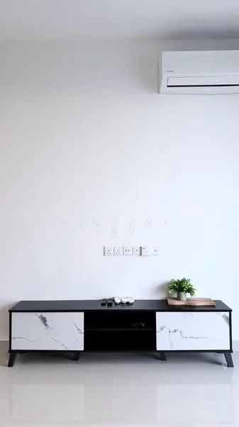 Living features: white painted walls, glossy tile flooring, black and white TV console, decorative plant on console, wall-mounted split AC; style: modern.