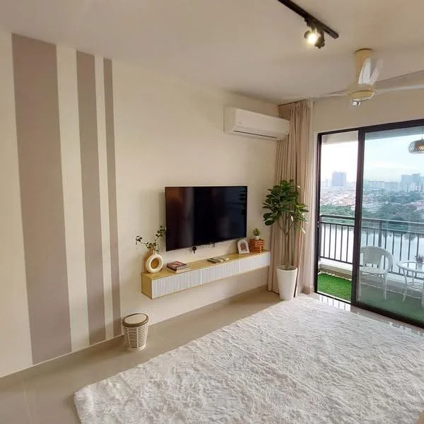 Living features: light-coloured walls, striped accent wall in beige and white, large floor-to-ceiling window, sliding glass door, white ceiling with recessed lighting, 5-blade ceiling fan, wall-mounted TV, floating TV console, indoor plant in white pot, white area rug, green balcony view; style: modern; view: city.