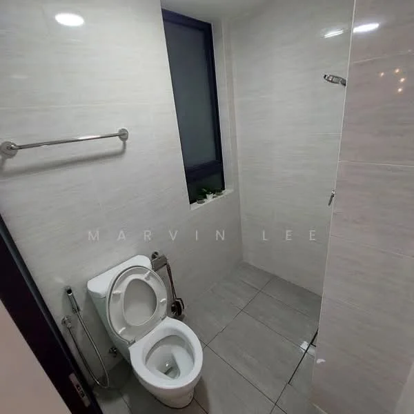 Bathroom features: white tiled walls, grey tiled flooring, one-piece toilet, chrome basin mixer faucet, glass shower enclosure, shower head, towel bar, window with plant; style: modern.