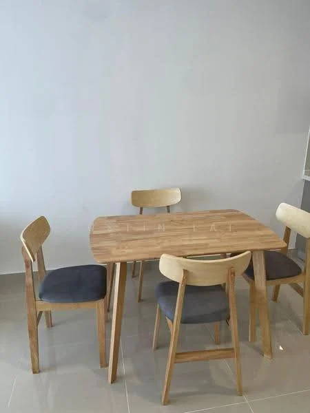 Dining features: wooden dining table, 4 dining chairs, light wood chair frames, grey upholstered chair seats, smooth surface flooring, plain painted walls, minimalist design; style: modern.