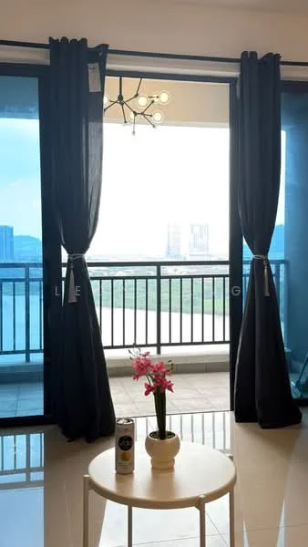 Living features: floor-to-ceiling windows, blackout curtains, chandelier with multiple bulbs, white walls, tile flooring, small round coffee table, decorative plant in pot, balcony view; style: modern; view: city.