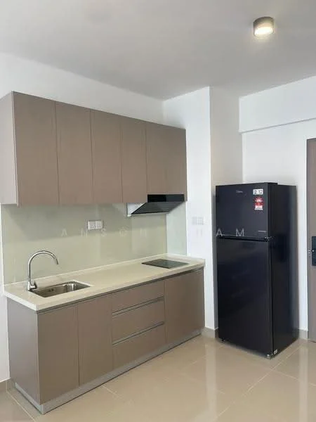 Kitchen features: single-bowl stainless-steel sink, chrome pull-down faucet, laminate countertop, brown flat-panel cabinets, built-in range hood, black fridge, white tiled backsplash, light-colored floor tiles, recessed downlights; style: modern.