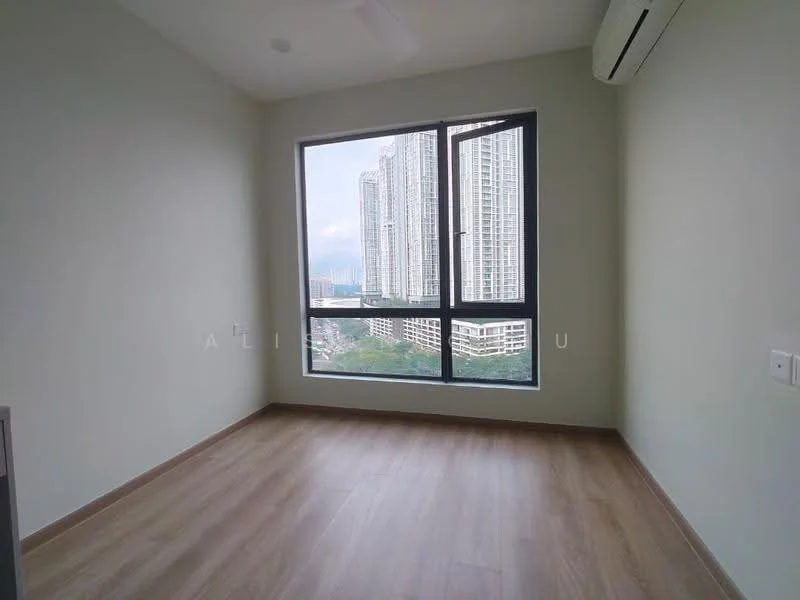 Room features: light wood laminate flooring, pale green painted walls, floor-to-ceiling windows, city skyline view, 1 wall-mounted split AC, ceiling fan, no visible furniture; style: modern; view: city.