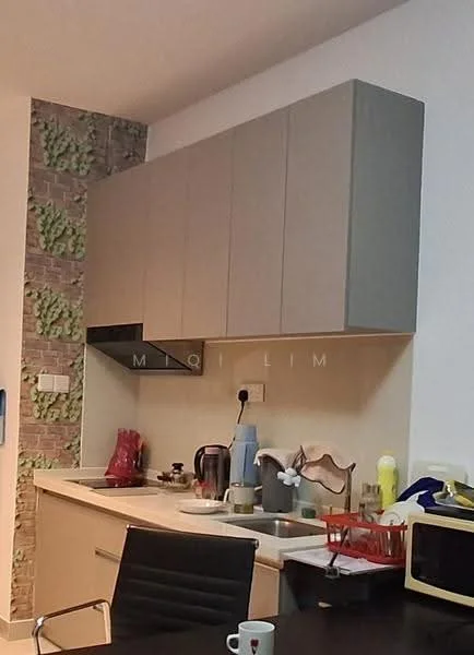 Kitchen features: light brown cabinetry, white countertop, stainless-steel sink, chrome pull-down faucet, built-in stove, microwave, kettle, blender, decorative stone wall, black dining chair, dining table, various kitchen utensils; style: modern.