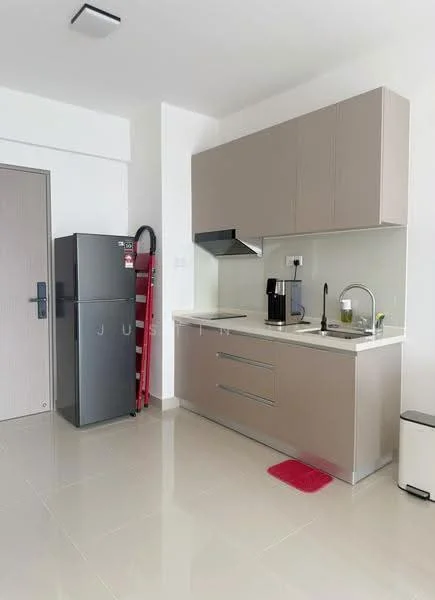 Kitchen features: grey flat-panel cabinets, white countertop, stainless-steel sink, chrome pull-down faucet, built-in oven, stainless-steel range hood, stainless-steel fridge, kettle, coffee machine, tile flooring, white painted walls, recessed downlights; style: modern.