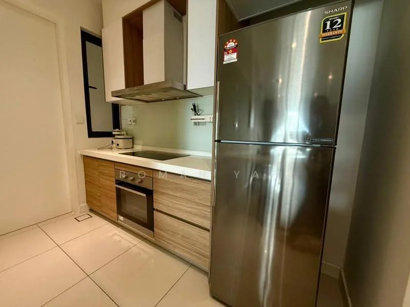 Kitchen features: stainless-steel fridge, built-in oven, single-bowl stainless-steel sink, chrome pull-down faucet, wood cabinetry, white upper cabinets, grey lower cabinets, ceramic tile flooring, wall-mounted range hood, countertop with backsplash, recessed downlights; style: modern.