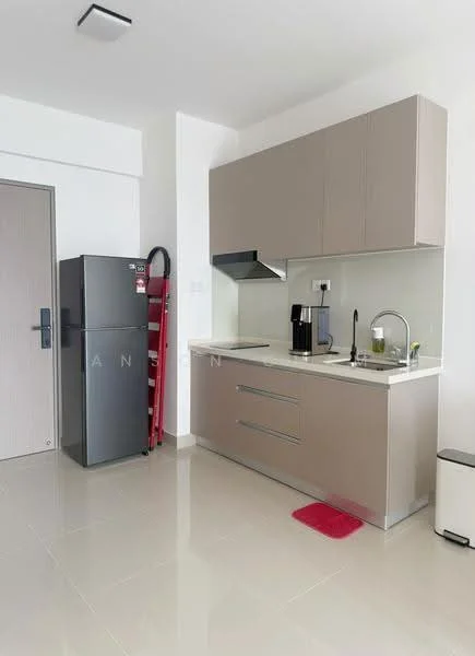 Kitchen features: grey flat-panel cabinets, white countertop, stainless-steel sink, chrome pull-down faucet, built-in coffee machine, freestanding stainless-steel fridge, tile flooring, wall-mounted kitchen hood; style: modern.