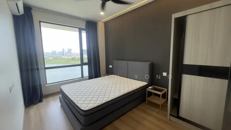 Bedroom features: queen-size bed with mattress, floor-to-ceiling window, city view, grey accent wall, light wood flooring, blackout curtains, built-in wardrobe with sliding doors, nightstand, ceiling fan; style: modern; view: city.