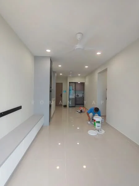 Room features: white painted walls, glossy tile flooring, 5-blade ceiling fan with light, recessed downlights, built-in cabinetry, open layout, neutral color scheme, window with natural light; style: modern.