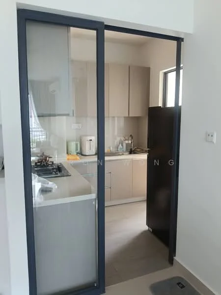Kitchen features: light wood cabinetry, white countertop, stainless-steel sink, 4-burner gas hob, built-in oven, microwave, refrigerator, glass sliding door, tile flooring, neutral wall colour, window with natural light; style: modern.