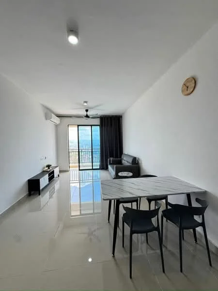 Living features: white painted walls, glossy tile flooring, 5-blade ceiling fan with light, floor-to-ceiling sliding glass door, blackout curtains, sofa in grey, dining table with grey wood top, 4 black dining chairs, wall-mounted TV console, decorative wall clock; style: modern; view: city.