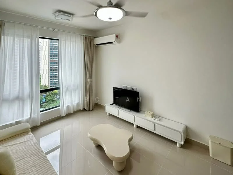 Living features: white painted walls, glossy tile flooring, 5-blade ceiling fan with light, floor-to-ceiling windows, sheer curtains, white TV console, wall-mounted TV, coffee table with unique shape, air conditioning unit; style: modern; view: city.