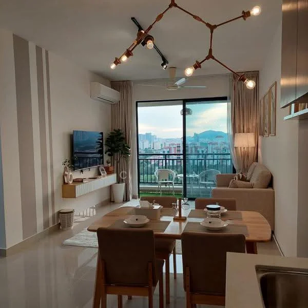 Living features: floor-to-ceiling windows, city view, 3-blade ceiling fan, wall-mounted TV, light wood dining table, 4 upholstered dining chairs, light-colored area rug, decorative wall shelf, sofa, decorative floor lamp, neutral painted walls, marble tile flooring; style: modern; view: city.