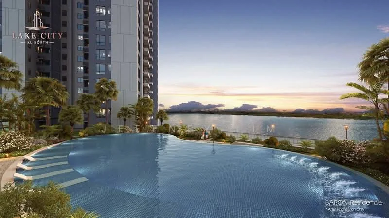 Exterior type: high-rise condominium; features: infinity pool, pool deck with loungers, landscaped garden with palm trees, waterfront view, surrounding greenery, modern architectural design, evening sky, blue mosaic tile pool surface; style: modern.
