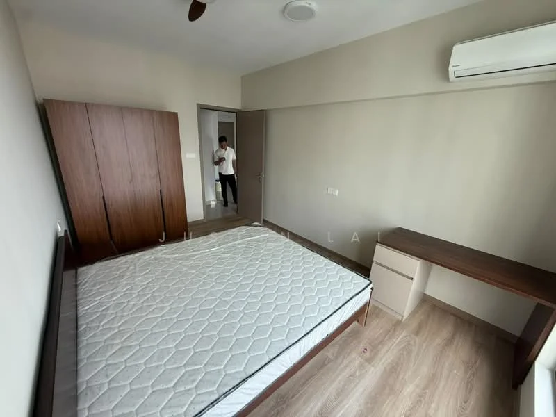 Bedroom features: wooden flooring, white painted walls, ceiling fan, wall-mounted air conditioning unit, built-in wardrobe with sliding doors, study desk, queen-size bed frame without mattress, window with natural light; style: modern.