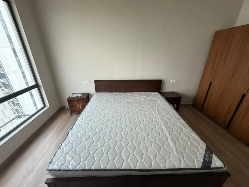 Bedroom features: queen-size bed, wooden bed frame, wooden bedside table, laminate flooring, large window with city view, built-in wardrobe, neutral wall color, minimalist decor; style: modern; view: city.