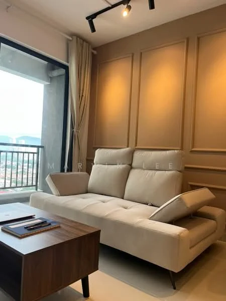 Living features: 3-seater fabric sofa in beige, wooden coffee table, recessed downlights, wall paneling in warm tones, floor-to-ceiling windows, curtains, city view, light-colored flooring; style: modern; view: city.