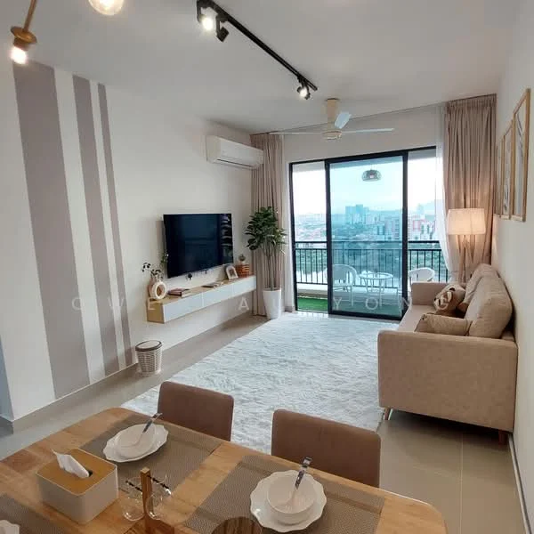 Living features: 3-seater fabric sofa in beige, wall-mounted TV, TV console, coffee table, area rug, floor-to-ceiling windows, curtains, ceiling fan, recessed LED downlights, light-colored walls with accent stripes, plant in pot, balcony view; style: modern; view: city.