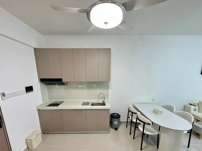 Kitchen features: light grey cabinetry, white countertop, single-bowl stainless-steel sink, chrome pull-down faucet, built-in stove, exhaust hood, refrigerator, wall-mounted cabinet, tile backsplash, recessed downlights, white walls, ceramic tile flooring; style: modern. Dining features: round dining table, upholstered dining chairs, decorative centerpiece; style: modern.