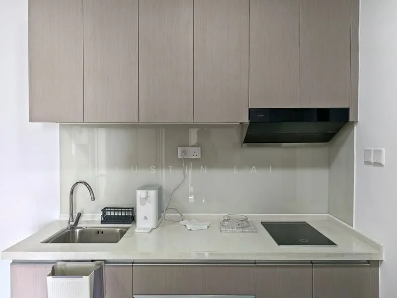 Kitchen features: light wood cabinetry, white quartz countertop, single-bowl stainless-steel sink, chrome pull-down faucet, built-in induction cooktop, black range hood, white backsplash, kitchen appliances including kettle, dish rack, open shelving, under-cabinet lighting; style: modern.