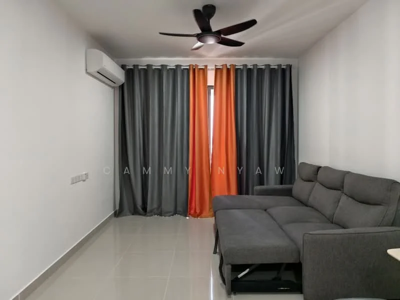 Living features: grey fabric L-shape sectional sofa, 5-blade ceiling fan with light, white painted walls, glossy tile flooring, floor-to-ceiling windows, orange and grey curtains, wall-mounted split AC; style: modern.