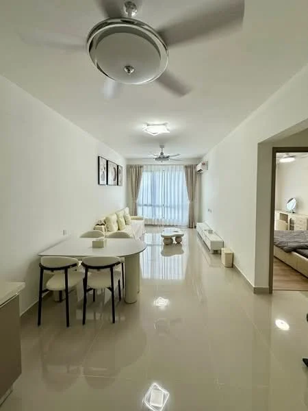 Living features: glossy tile flooring, white painted walls, 5-blade ceiling fan with light, recessed downlights, large window with sheer curtains, dining table for four, upholstered chairs, sofa with cushions, decorative wall art, wall-mounted air conditioning unit; style: modern; view: city.