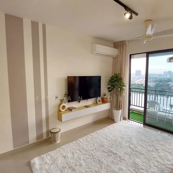 Living features: cream painted walls, accent wall with vertical stripes, wall-mounted TV, floating media console, 5-blade ceiling fan with light, large sliding glass door, curtains, potted plant, area rug, tile flooring, view of city skyline; style: modern; view: city.