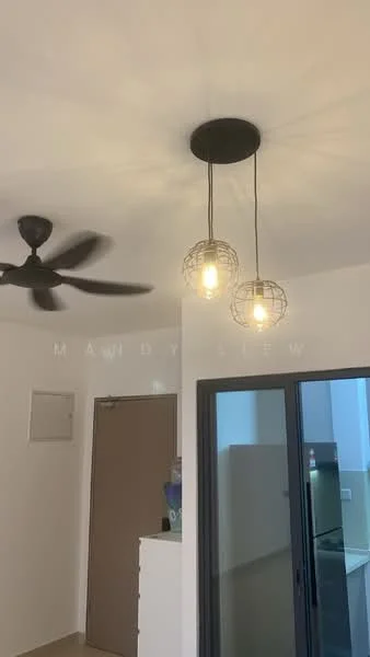 Room features: 3-blade ceiling fan, 2 pendant lamps with wire cage design, white painted walls, light-colored flooring, glass sliding door, refrigerator visible in background; style: modern.