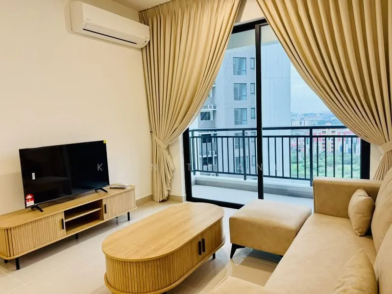Living features: beige L-shape sectional sofa, wooden coffee table, wall-mounted TV, TV console with storage, floor-to-ceiling windows, sheer curtains, air conditioning unit, balcony view; style: modern; view: city.