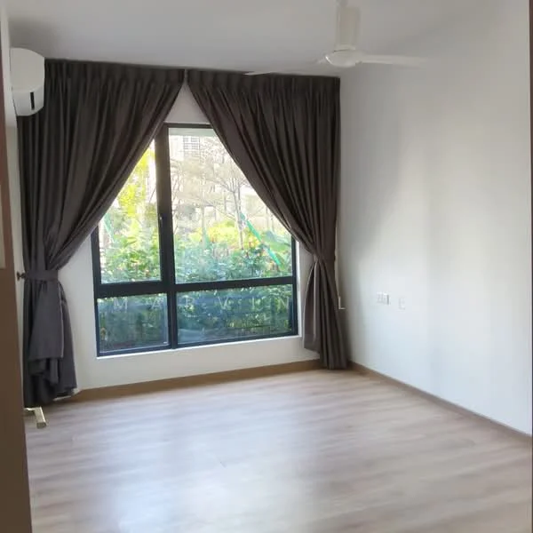 Room features: floor-to-ceiling windows, blackout curtains, 5-blade ceiling fan, light wood laminate flooring, white painted walls, air conditioning unit, greenery view outside; style: modern; view: garden.
