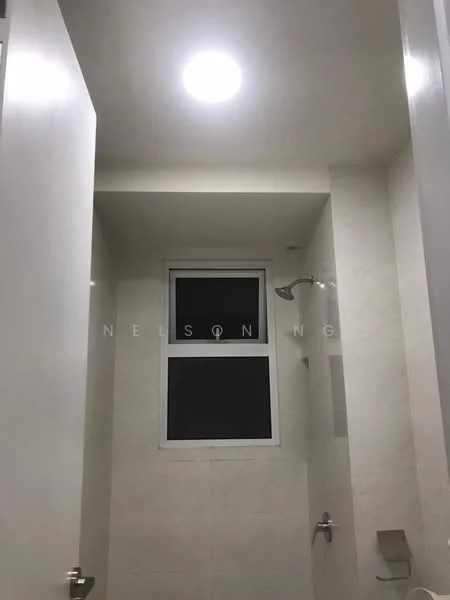 Bathroom features: white tiled walls, light grey tiled flooring, single shower head, window with white frame, recessed ceiling light, toilet paper holder, wall-mounted faucet, mirror, door with white finish; style: modern.