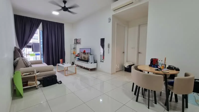 Living features: 3-seater fabric sofa in beige, coffee table with white top, wall-mounted TV, TV console, floor-to-ceiling windows, grey curtains, white painted walls, polished ceramic tile flooring, ceiling fan with light, decorative wall art, area rug, open shelving unit; style: modern; view: city. Dining features: round dining table, upholstered dining chairs, tabletop with decorative items; style: modern.