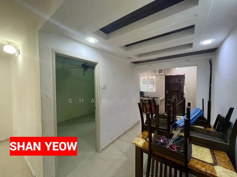 Room features: white painted walls, dropped ceiling with recessed lighting, ceramic tile flooring, wooden dining table with chairs stacked, doorway leading to another room, window with natural light, air conditioning unit on the ceiling, light fixture on the wall; style: modern.