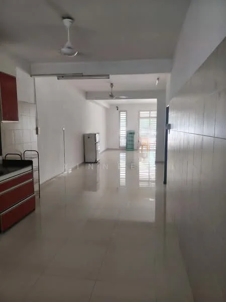 Kitchen features: red cabinetry, stainless-steel sink, built-in oven, ceramic tile flooring, white tiled walls, recessed downlights, open layout; style: modern. Living features: large windows, sliding glass door, white walls, polished floor tiles, ceiling fan, natural light, open space; style: modern.