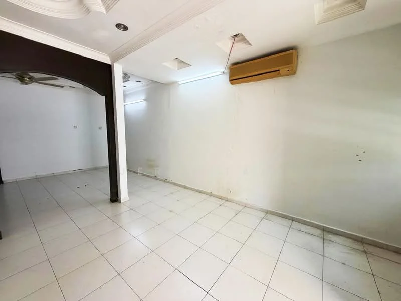 Room features: white painted walls, tile flooring, 1 wall-mounted split AC, ceiling with recessed lighting, no visible furniture or decor.