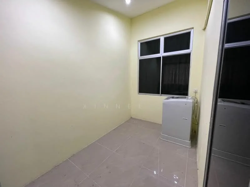 Laundry features: light yellow painted walls, glossy ceramic tile flooring, single window with white frame, washing machine, ceiling light fixture.