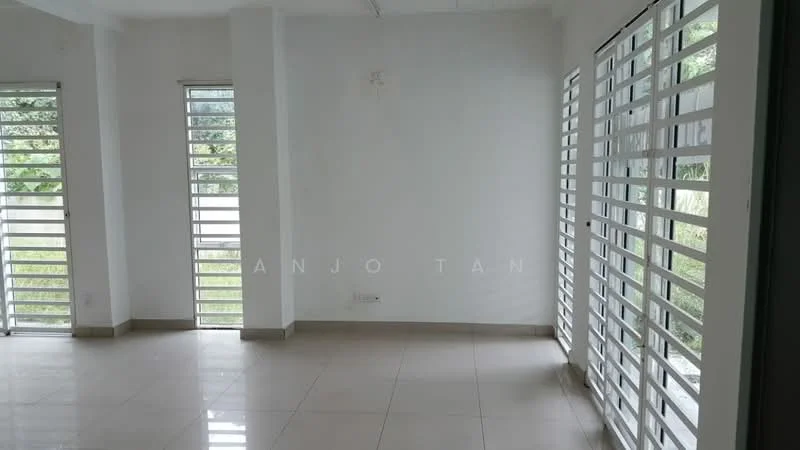 Room features: white painted walls, glazed tile flooring, floor-to-ceiling windows, horizontal slatted window treatments, natural light from windows, corner windows, neutral color scheme, minimalist design; style: modern; view: garden.