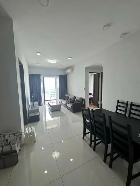 Living features: white painted walls, glossy tile flooring, 5-blade ceiling fan with light, recessed downlights, sofa with beige upholstery, coffee table, TV console, floor-to-ceiling windows, curtains, air conditioning unit; style: modern; view: city. Dining features: 6-seater dining table, black dining chairs, glossy tile flooring; style: modern.
