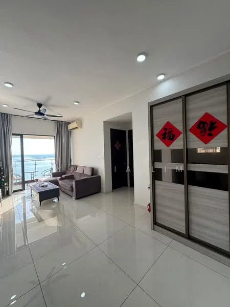 Living features: 3-seater fabric sofa in grey, coffee table, floor-to-ceiling windows, sliding glass door, white painted walls, polished ceramic tile flooring, ceiling fan with light, curtains, decorative wall with Chinese characters, air conditioning unit; style: modern; view: sea.