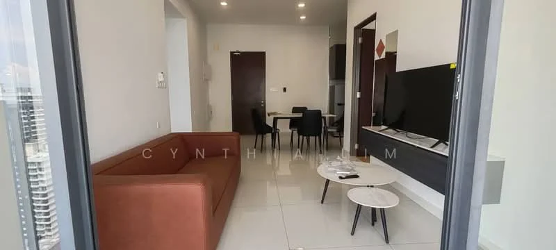 Living features: brown leather sofa, white coffee table, black TV console, wall-mounted TV, white tiled flooring, recessed downlights, dining table with chairs, large window with city view; style: modern; view: city.
