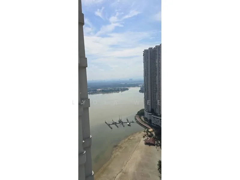 Exterior type: high-rise condominium; features: waterfront view, city skyline in background, boats docked, sand beach area, surrounding greenery, modern architectural design; style: modern.