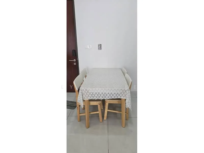 Dining features: rectangular dining table with tablecloth, 4 wooden chairs, white walls, glossy tile flooring, wall-mounted light switch, door to hallway, neutral color scheme; style: modern.