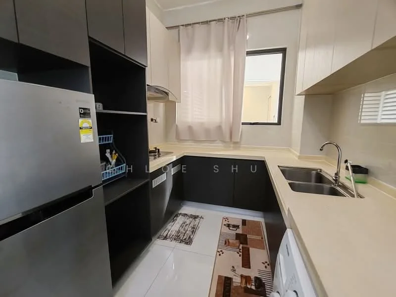 Kitchen features: L-shaped countertop, light-colored laminate countertop, double-bowl stainless-steel sink, chrome pull-down faucet, built-in oven, stainless-steel fridge, black cabinetry, white tiled backsplash, window with sheer curtains, white washing machine, floor tiles with glossy finish, kitchen rug with geometric pattern; style: modern.