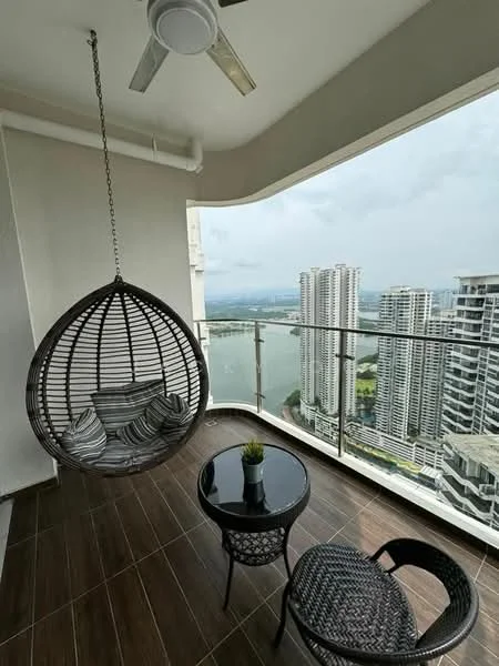 Balcony features: hanging rattan chair, round glass-top table, black wicker chair, city skyline view, floor-to-ceiling windows, wooden flooring, ceiling fan; style: modern; view: city.