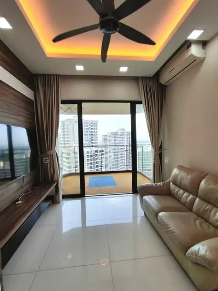 Living features: 5-blade ceiling fan with integrated LED light, recessed downlights, cream leather sofa, wall-mounted TV, TV console, white glossy tile flooring, floor-to-ceiling windows, curtains, wood panel accent wall, balcony view; style: modern; view: city.