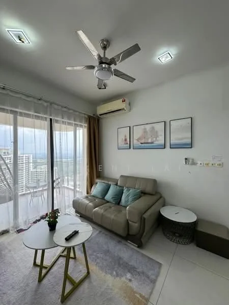 Living features: 3-seater leather sofa in light grey, coffee table with gold legs, area rug with geometric pattern, floor-to-ceiling windows, sheer curtains, 5-blade ceiling fan with light, wall-mounted air conditioning unit, framed artwork on walls, decorative plant in ceramic pot; style: modern; view: city.