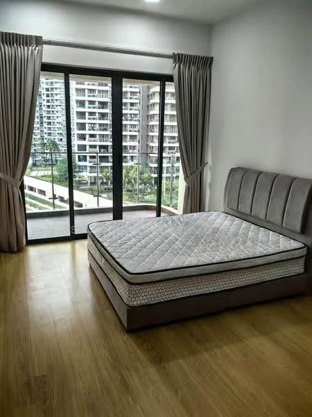 Bedroom features: queen-size bed base without mattress, grey upholstered headboard, floor-to-ceiling sliding glass door, sheer curtains, wooden flooring, city view from window, wall-mounted light fixture, neutral painted walls; style: modern; view: city.